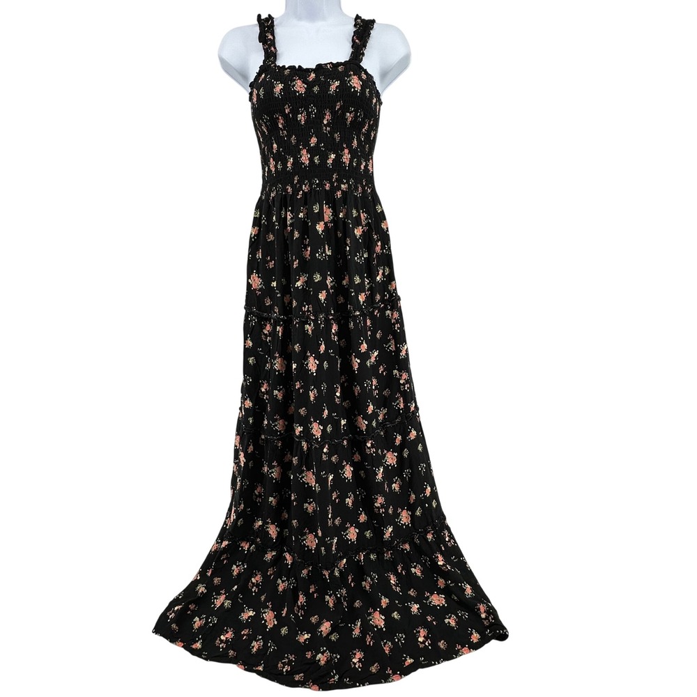 J for Justify Maxi Dress Womens M Black Floral Smocked Tiered Boho